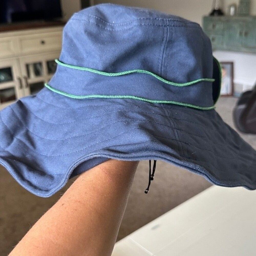 Scala Beach Bucket Hat Navy Blue Green Trim Large Flower and Band Bendable Brim - Picture 4 of 9